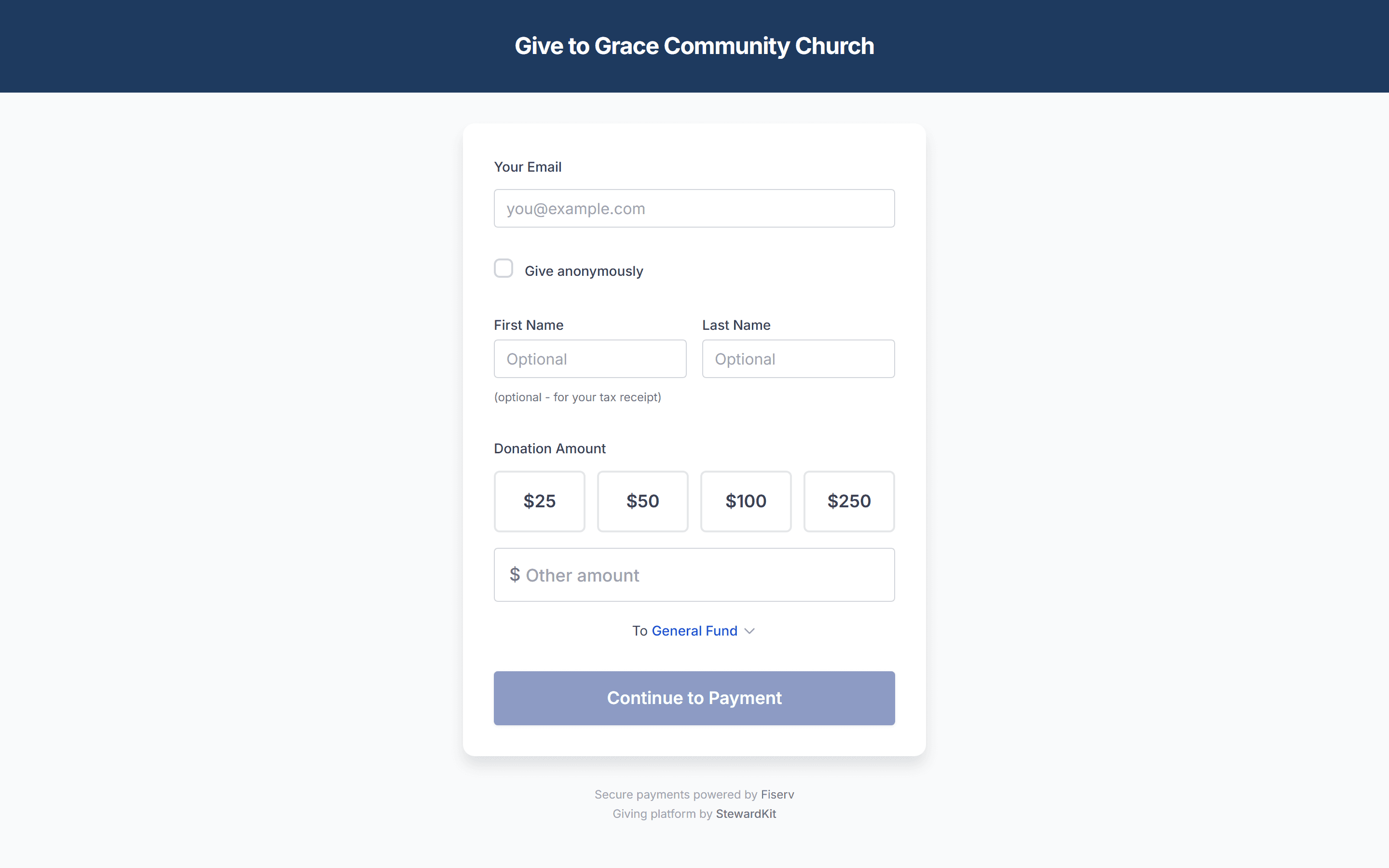 A church's StewardKit giving page with anonymous giving and fund selection