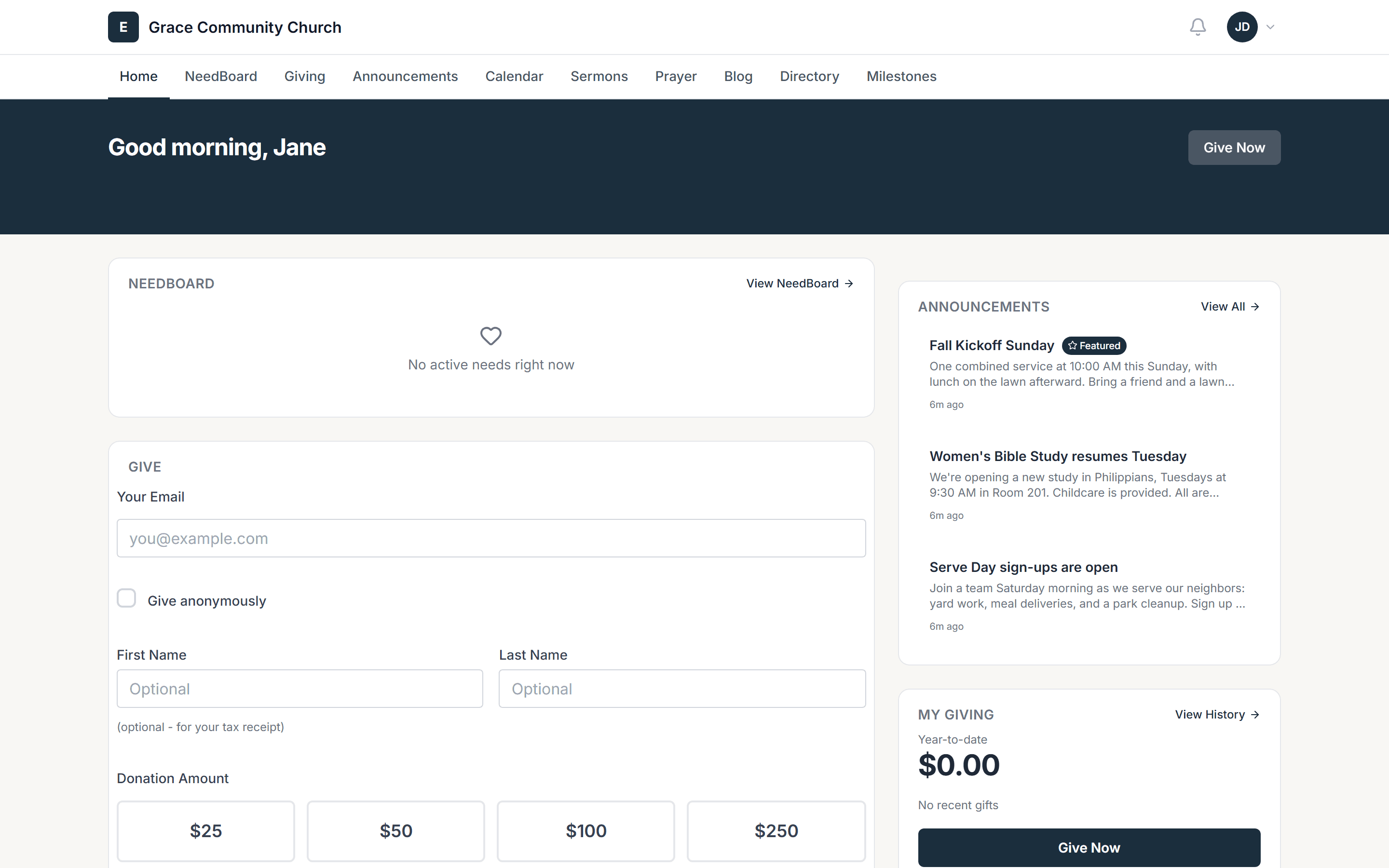 A church's member hub with announcements, giving, and upcoming events