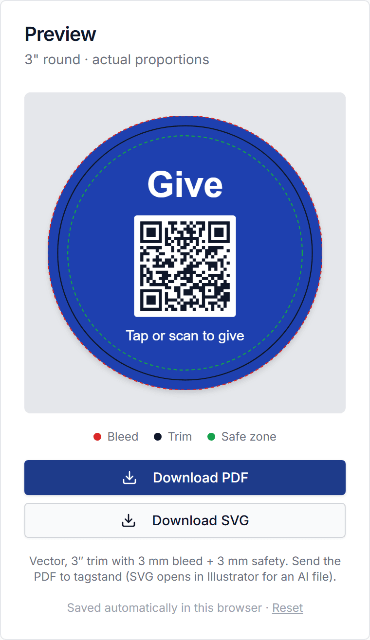 The StewardKit tag designer preview: a round navy tag reading Give, with a QR code and the words Tap or scan to give