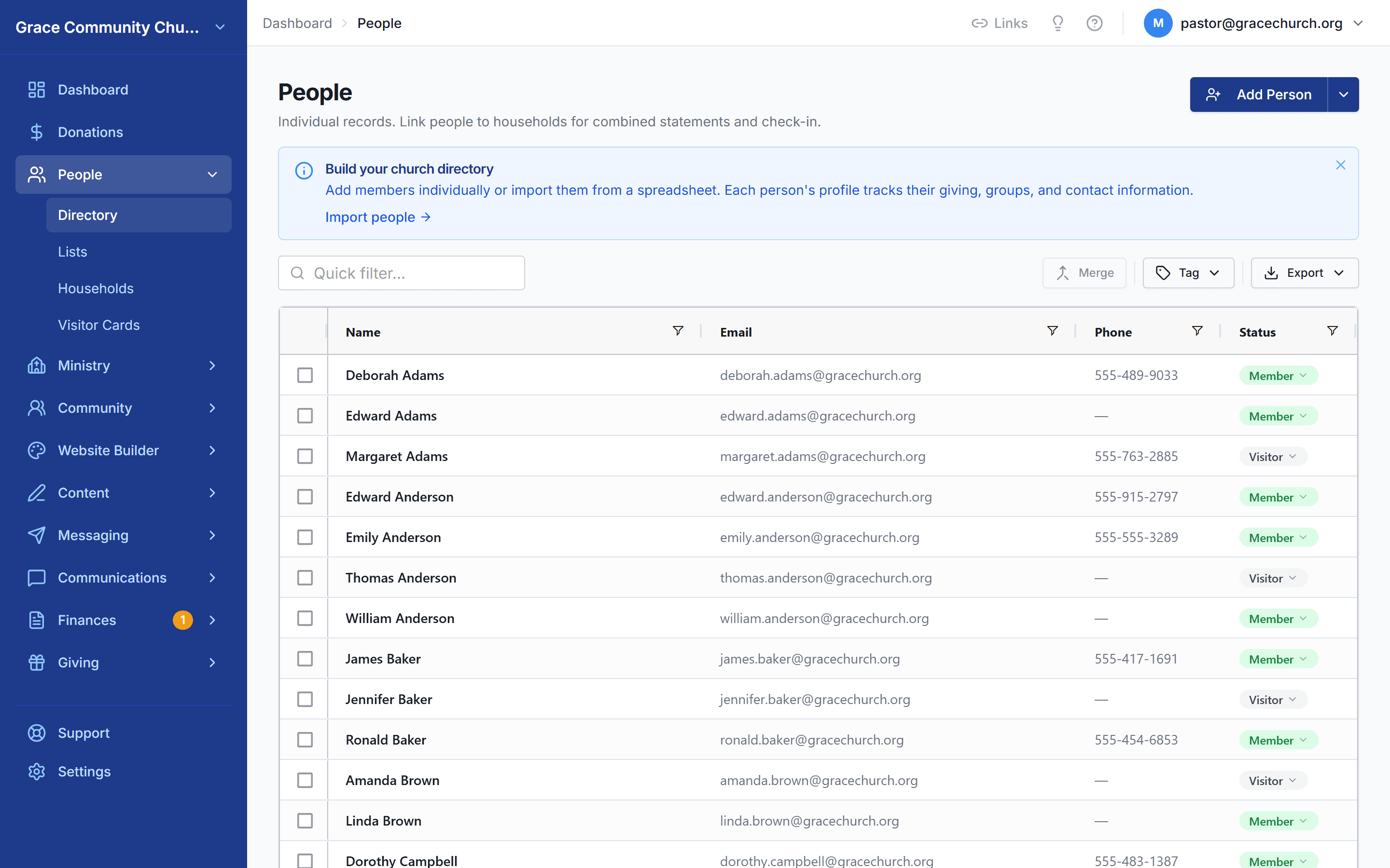 The StewardKit people directory with member and visitor records